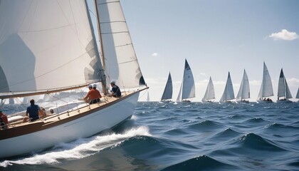 Fototapeta premium A sailboat races across the open sea in bright sunlight, with a competitive sailor adjusting the sails to catch the wind, while churning waves and whipping winds add to the dynamic scene.