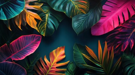 Fototapeta premium Luminous Neon Tropical Paradise Flat Lay with Vibrant Foliage Arrangement for Exotic Nature Concept