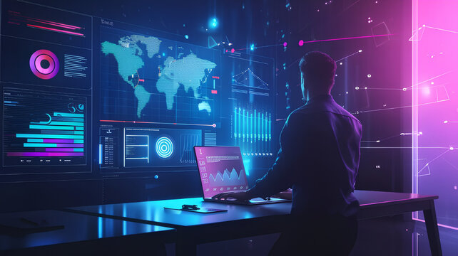 IT working analysis multiple monitors control cyber global, data charts, laptop