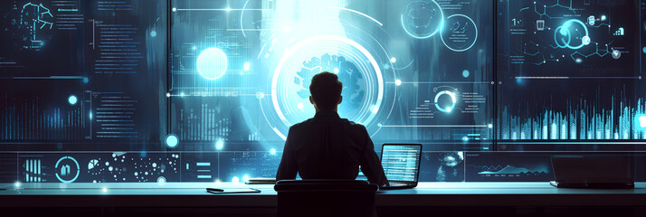 IT working analysis multiple monitors control cyber global, data charts, laptop