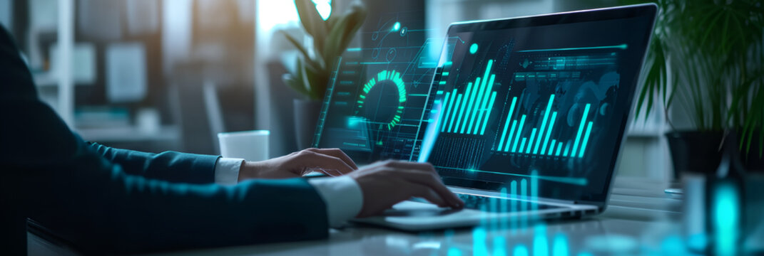 IT working analysis multiple monitors control cyber global, data charts, laptop