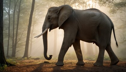 A lone elephant wanders the forest path, bathed in ethereal sunlight filtering through the canopy, capturing the timeless beauty of nature's gentle giant