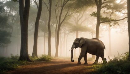 Fototapeta premium A lone elephant wanders the forest path, bathed in ethereal sunlight filtering through the canopy, capturing the timeless beauty of nature's gentle giant