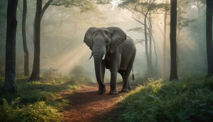 Fototapeta premium A lone elephant wanders the forest path, bathed in ethereal sunlight filtering through the canopy, capturing the timeless beauty of nature's gentle giant
