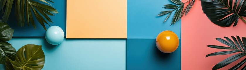 Fototapeta premium Colorful abstract background featuring geometric shapes and tropical leaves. Ideal for creative design projects and vibrant visual presentations.