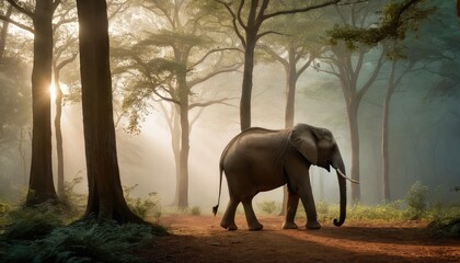 Fototapeta premium A lone elephant wanders the forest path, bathed in ethereal sunlight filtering through the canopy, capturing the timeless beauty of nature's gentle giant