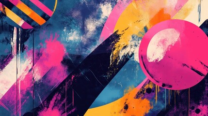 Colorful abstract painting with geometric shapes and vibrant splashes of pink, yellow, and blue, creating an energetic and artistic composition.