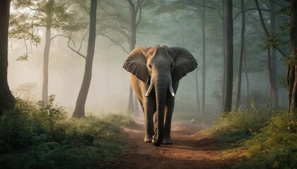 Fototapeta premium In the tranquil embrace of the forest, an elephant emerges through the morning mist, its presence exuding strength and grace against the backdrop of lush greenery