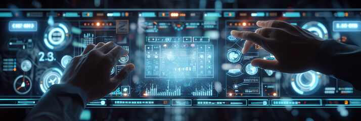 High technology cyber dashboard control, futuristic interface touchscreen panel with buttons,  graphic UI data analytics.