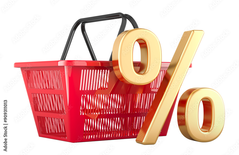 Poster shopping basket with percent symbol. discount concept, 3d rendering isolated on transparent backgrou