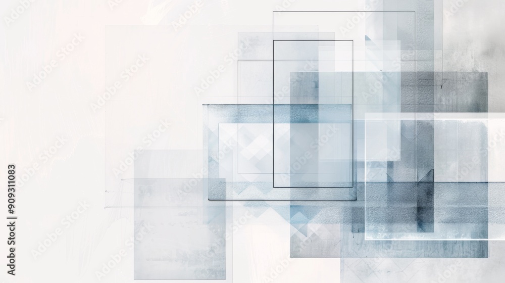 Poster minimalist website design element with grey border, light blue squares, and grey checkered patterns 