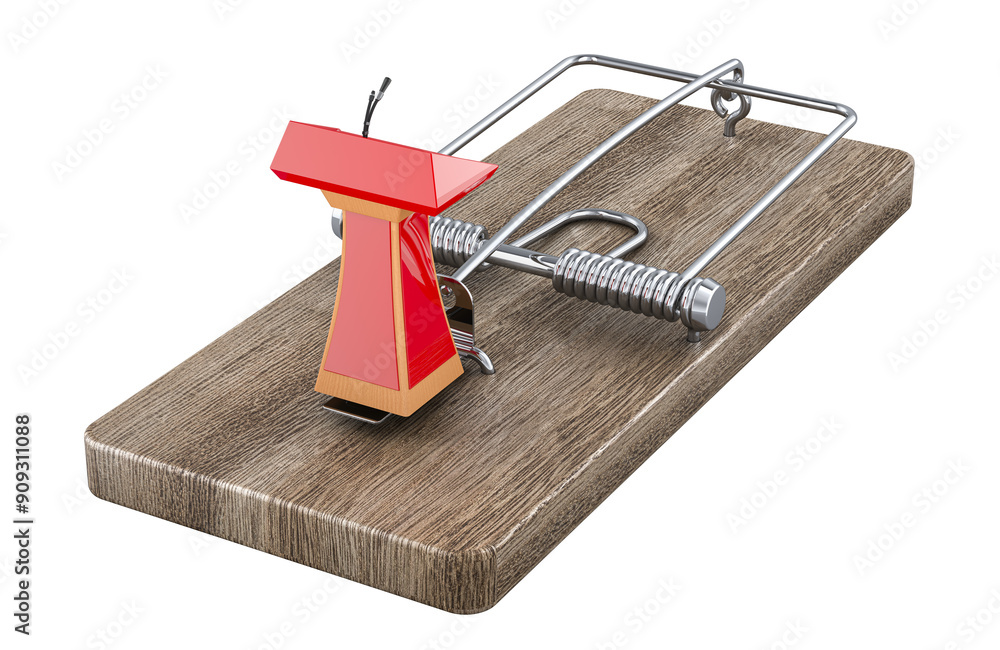 Poster tribune with microphone in mousetrap. 3d rendering isolated on transparent background