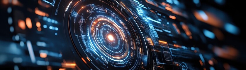 Obraz premium Futuristic digital interface with glowing blue and orange elements, representing advanced technology and high-speed data transfer.