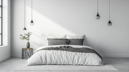 Minimalist bedroom with white bedding, grey pillows, and modern pendant lights, creating a peaceful and elegant atmosphere.
