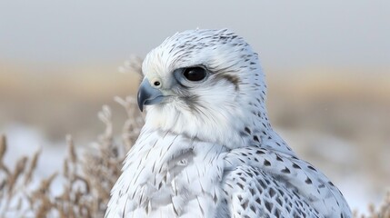 Obraz premium a close-up of a stoic gyrfalcon's head with an icy tundra behind