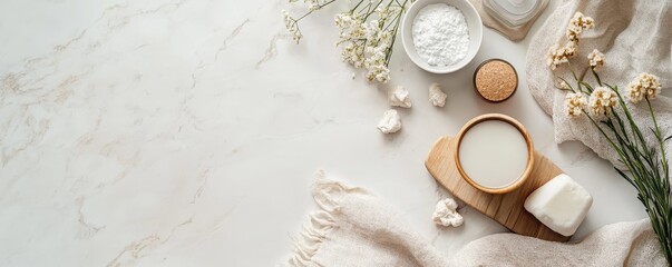 Natural spa products on a marble background including soap, lotion, and flowers, creating a serene and relaxing atmosphere.