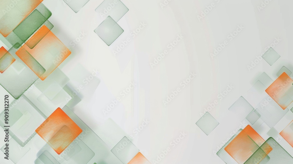 Poster minimalist design with light orange squares, green and transparent checkered patterns, and grey bord
