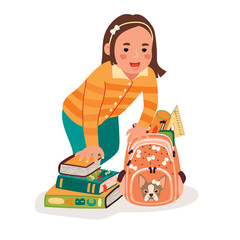 Naklejka premium Funny illustration with happy kid with textbook and backpack.Little girl getting ready for school.Smiling character, stack of books and bag with school supplies.Vector cartoon design isolated on white