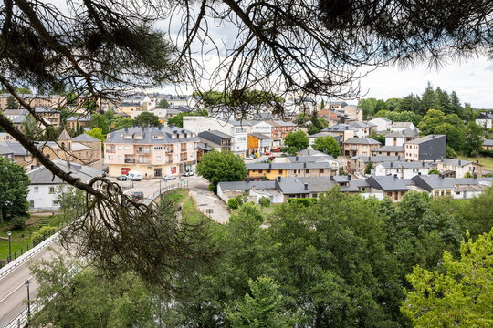 a view over Puebla de Sanabria town and the bridge over Tera river, province of Zamora, Castile and Leon, Spain