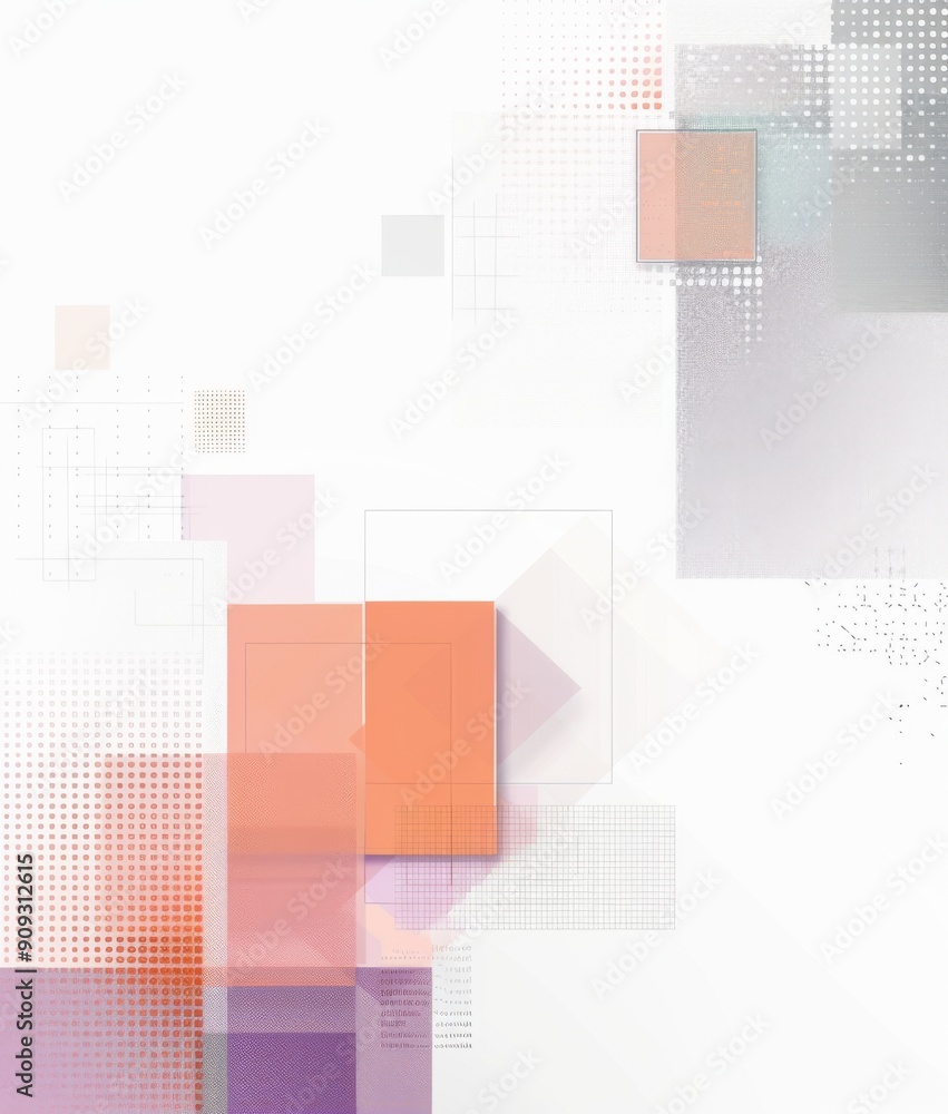 Poster minimalist design with light pink squares, purple and transparent checkered patterns, and grey borde