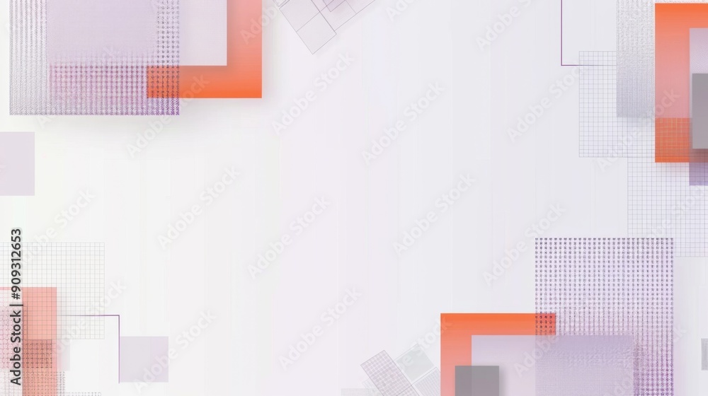 Poster minimalist design with light pink squares, purple and transparent checkered patterns, and grey borde