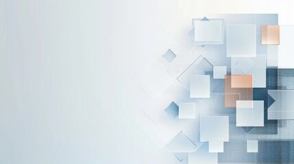 Fototapeta premium Minimalist Business Web Banner Header with Grey Border, Orange Squares, and Blue Checkered Patterns on White Background. Flat Color Blocks and Copy Space for Text