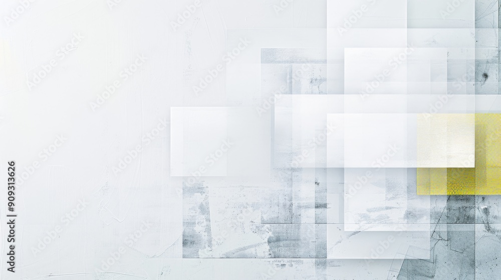 Poster minimalist business background with blue border, transparent checkered patterns, and yellow squares 