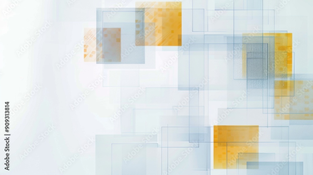 Poster minimalist business background with blue border, transparent checkered patterns, and yellow squares 