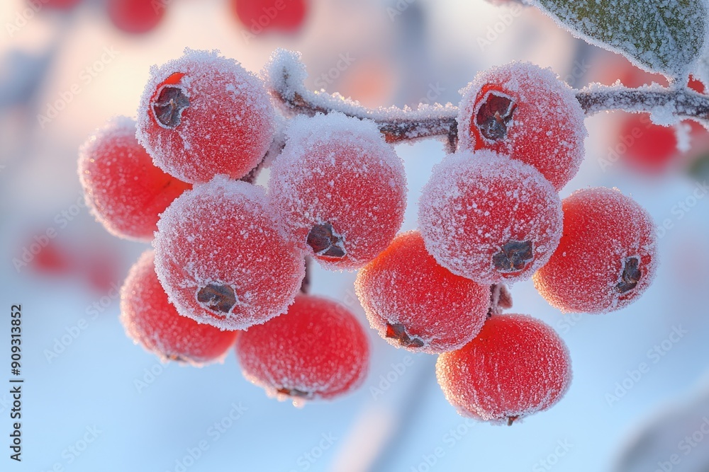 Wall mural Branch of vibrant red berries covered in frost on a sunny winter day