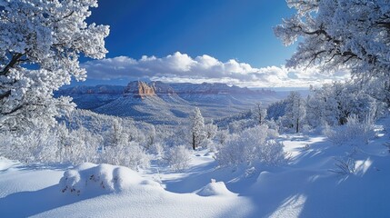 Snow covered pine trees and red rock cliffs rising above the clouds in winter.