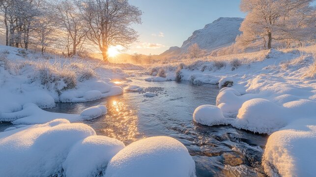 Snowy river flowing through a forest covered in snow at sunset