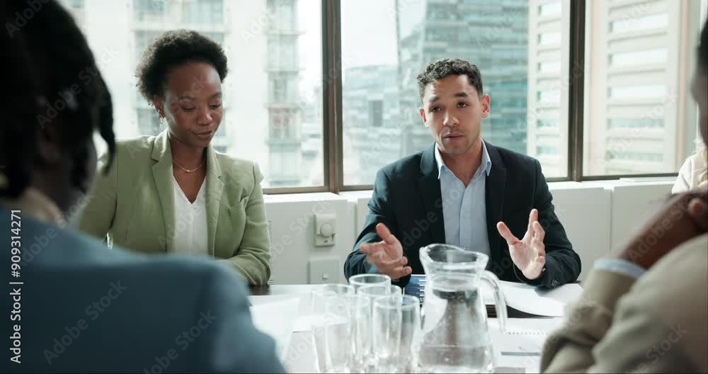 Poster Documents, meeting and business people in office for corporate board discussion with budget. Collaboration, briefing and treasury team with financial system development for company disbursement.