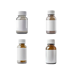 A collection of various medical and cosmetic bottles, including glass and plastic containers, isolated on a white background