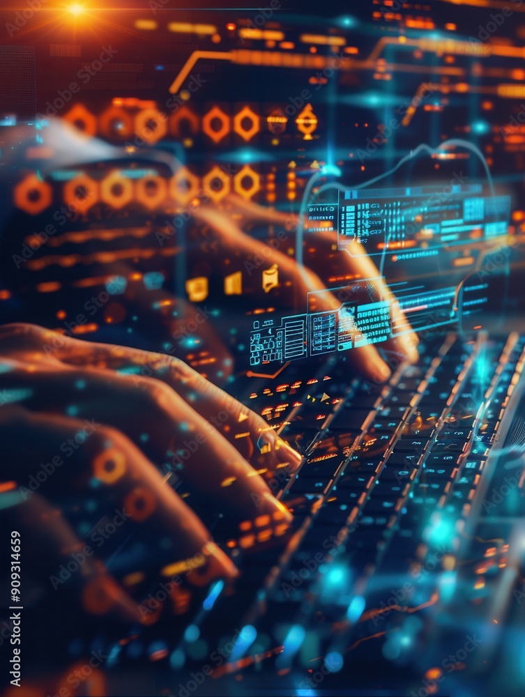 Leinwandbilder a hacker focuses intently while typing on a keyboard, surrounded by glowing codes and digital symbol
