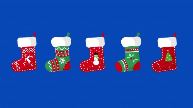 4k animated decorative Christmas socks collection. Rotating Christmas socks isolated on blue chroma screen. Isolated design elements. Hanging different designs of stocking socks. Motion graphics.