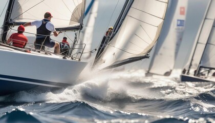 Obraz premium Bright sunlight illuminates a sailboat racing across the churning sea, with a determined sailor adjusting the sails to harness the wind and surge ahead.