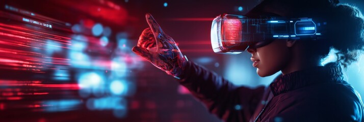 Navigating the Digital Frontier: A young woman immersed in a VR experience, gestures towards a stream of data, highlighting the fusion of technology and human interaction in the metaverse. 