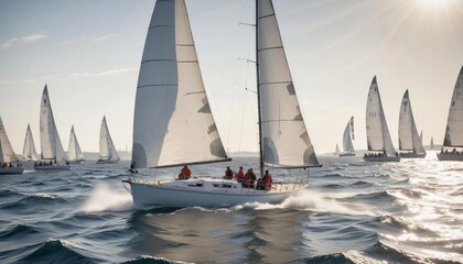 Bright sunlight illuminates a sailboat racing across the churning sea, with a determined sailor adjusting the sails to harness the wind and surge ahead.






