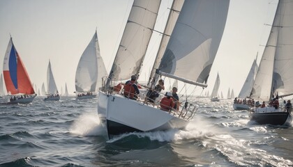Fototapeta premium Bright sunlight illuminates a sailboat racing across the churning sea, with a determined sailor adjusting the sails to harness the wind and surge ahead.