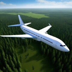 Airplane Flying Over Verdant Forest with Clear Blue Sky