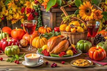 Thanksgiving day autumnal still life with bottle of wine