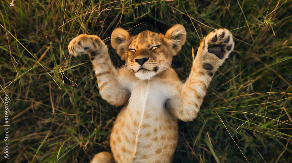 Wall mural top view of playful cute beautiful lion cub lying in nature grass field outdoors with legs up in the