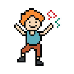 Cute pixel cartoon 8bit character man exercises training dance lifestyle music decoration life style 8 bit male boy dance with music game fitness isolated PNG vector.