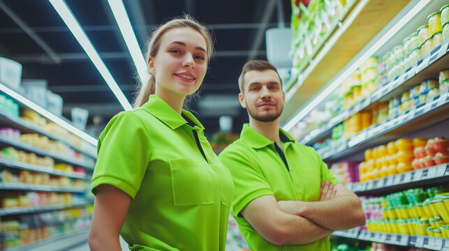 Female and male supermarket two workers in bright green uniforms