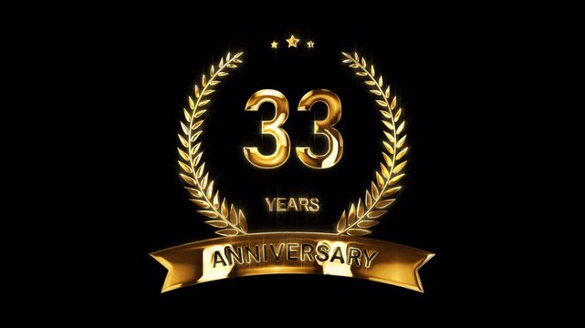 33rd Anniversary Celebration. Happy 33 Years Anniversary Animation in Gold Color on the Transparent Background, Alpha Channel. Great for greetings, celebrations, events, and gifts.