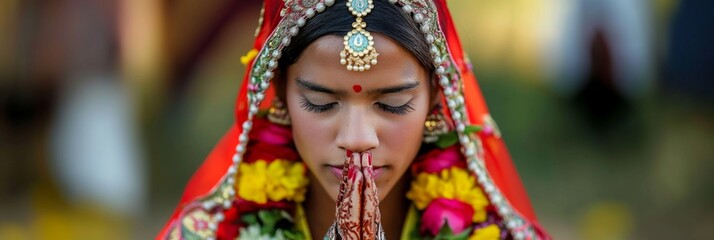 Obraz premium Indian Bride in Prayer: A beautiful young bride in traditional Indian attire, adorned with intricate jewelry and a vibrant red sari, offers a prayer with her hands clasped in reverence. Her serene exp