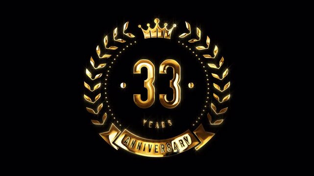 33rd Anniversary Celebration. Happy 33 Years Anniversary Animation in Gold Color on the Transparent Background, Alpha Channel. Great for greetings, celebrations, events, and gifts.