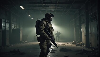 A lone operative in tactical gear and night-vision goggles stealthily navigates a dark, abandoned warehouse, blending into the shadows to avoid detection.
