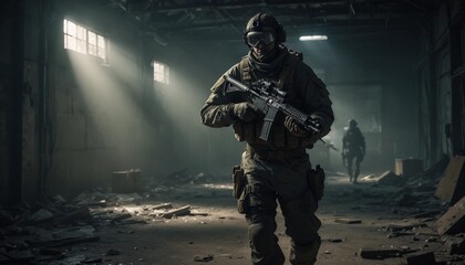 A lone operative in tactical gear and night-vision goggles stealthily navigates a dark, abandoned warehouse, blending into the shadows to avoid detection.
