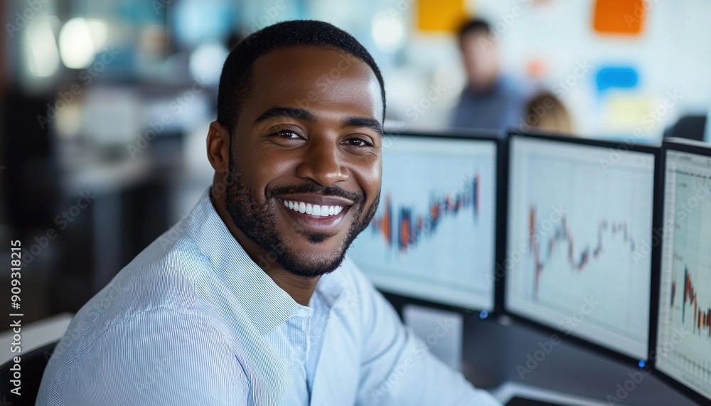 Poster a man is happily smiling while seated in front of three computer monitors on his desk, clearly enjoy